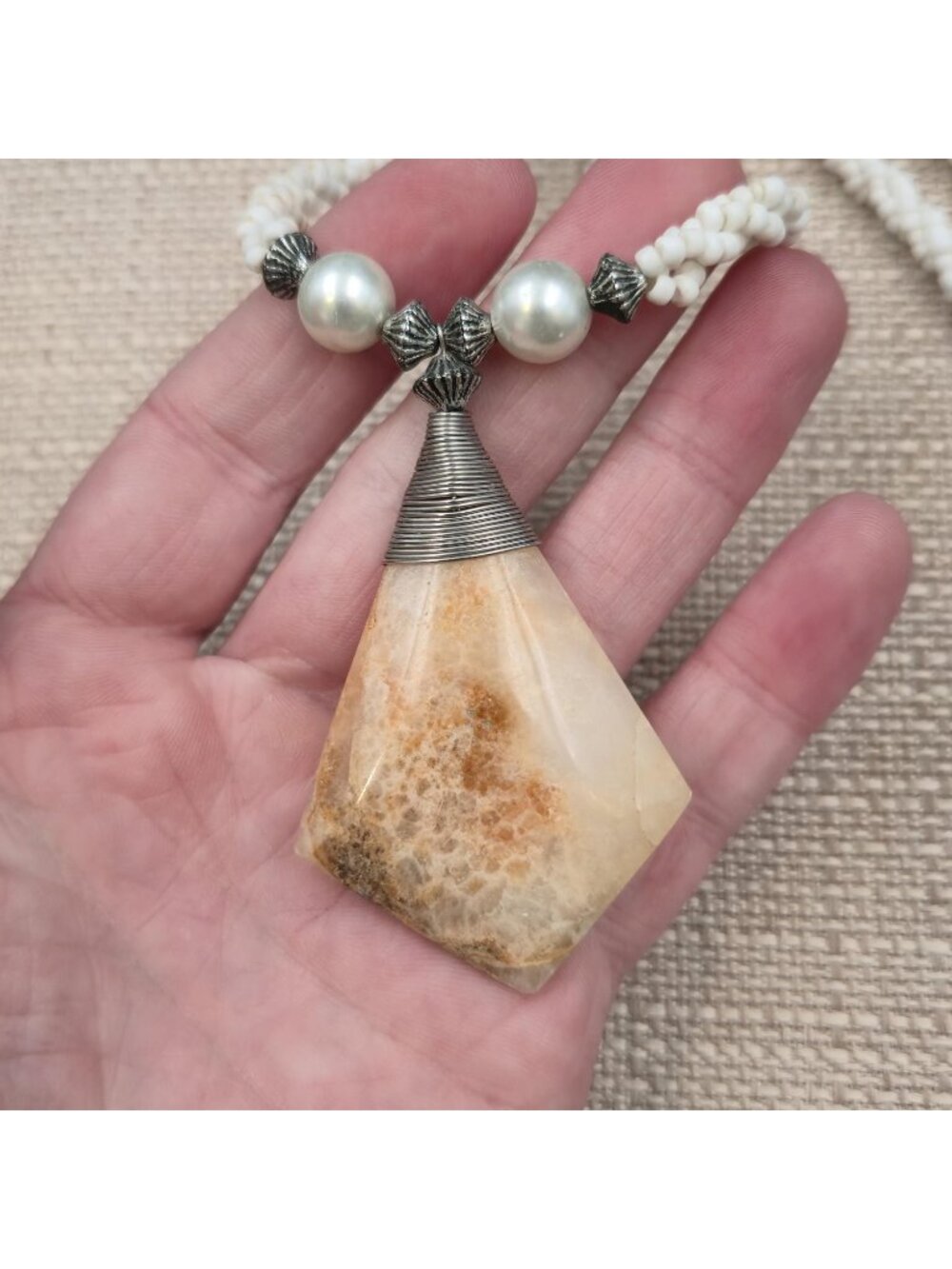 18 Inch Braided Seed Bead Large Jasper Pendant Necklace B1238 - Picture 3 of 8